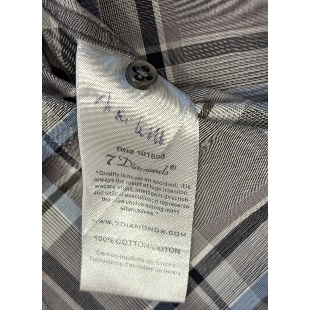 7 Diamonds Plaid Pearl Snap Button Up Shirt Mens‎ Large Grey Blue Short Sleeve - Picture 7 of 11